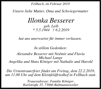 Traueranzeige von Illonka Besserer von Stuttgarter Zeitung / Stuttgarter Nachrichten