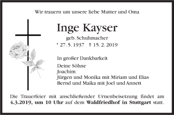 Traueranzeige von Inge Kayser von Stuttgarter Zeitung / Stuttgarter Nachrichten
