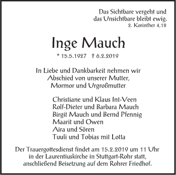 Traueranzeige von Inge Mauch von Stuttgarter Zeitung / Stuttgarter Nachrichten
