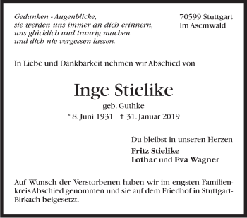 Traueranzeige von Inge Stielike von Stuttgarter Zeitung / Stuttgarter Nachrichten