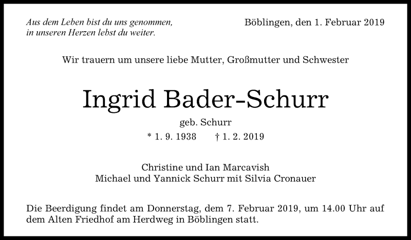  Traueranzeige für Ingrid Bader-Schurr vom 05.02.2019 aus Stuttgarter Zeitung / Stuttgarter Nachrichten