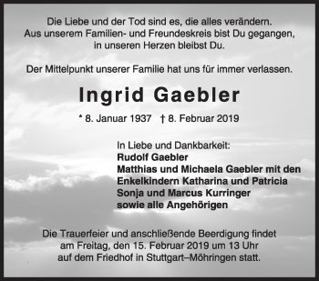 Traueranzeige von Ingrid Gaebler von Stuttgarter Zeitung / Stuttgarter Nachrichten