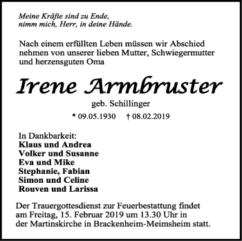 Traueranzeige von Irene Armbruster von Stuttgarter Zeitung / Stuttgarter Nachrichten