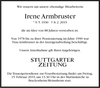 Traueranzeige von Irene Armbruster von Stuttgarter Zeitung / Stuttgarter Nachrichten