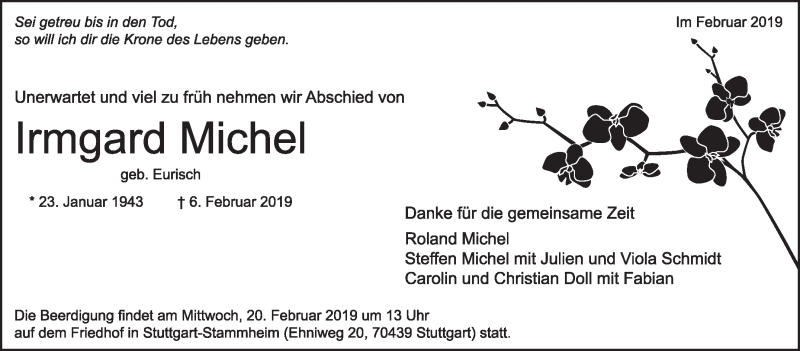  Traueranzeige für Irmgard Michel vom 16.02.2019 aus Stuttgarter Zeitung / Stuttgarter Nachrichten