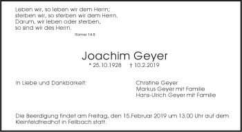 Traueranzeige von Joachim Geyer von Stuttgarter Zeitung / Stuttgarter Nachrichten
