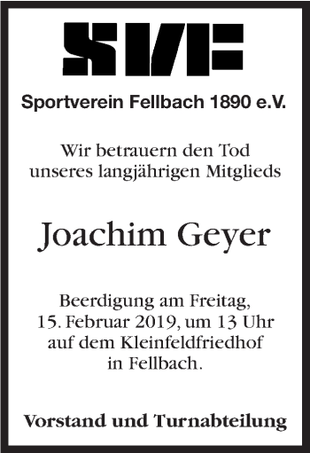 Traueranzeige von Joachim Geyer von Stuttgarter Zeitung / Stuttgarter Nachrichten