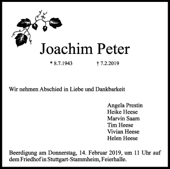 Traueranzeige von Joachim Peter von Stuttgarter Zeitung / Stuttgarter Nachrichten