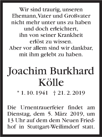 Traueranzeige von Joachim Burkhard Kölle  von Stuttgarter Zeitung / Stuttgarter Nachrichten