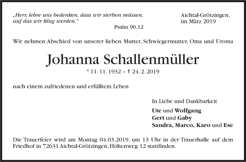  Traueranzeige für Johanna Schallenmüller vom 27.02.2019 aus Stuttgarter Zeitung / Stuttgarter Nachrichten