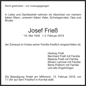 Traueranzeige von Josef Frieß von Stuttgarter Zeitung / Stuttgarter Nachrichten