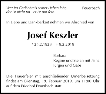 Traueranzeige von Josef Keszler von Stuttgarter Zeitung / Stuttgarter Nachrichten