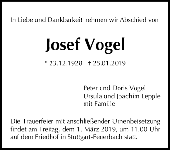 Traueranzeige von Josef Vogel von Stuttgarter Zeitung / Stuttgarter Nachrichten