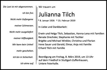 Traueranzeige von Julianna Tilch von Stuttgarter Zeitung / Stuttgarter Nachrichten