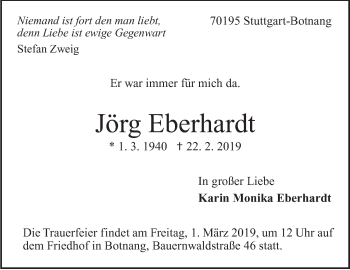Traueranzeige von Jörg Eberhardt von Stuttgarter Zeitung / Stuttgarter Nachrichten