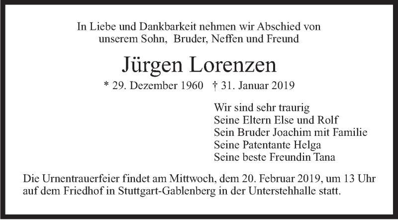  Traueranzeige für Jürgen Lorenzen vom 15.02.2019 aus Stuttgarter Zeitung / Stuttgarter Nachrichten