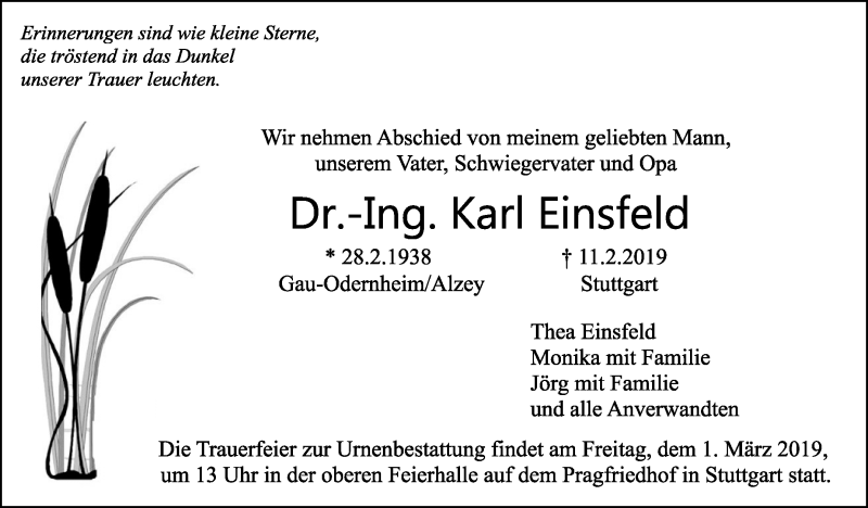  Traueranzeige für Karl Einsfeld vom 21.02.2019 aus Stuttgarter Zeitung / Stuttgarter Nachrichten