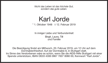 Traueranzeige von Karl Jorde von Stuttgarter Zeitung / Stuttgarter Nachrichten