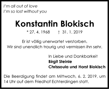 Traueranzeige von Konstantin Blokisch von Stuttgarter Zeitung / Stuttgarter Nachrichten