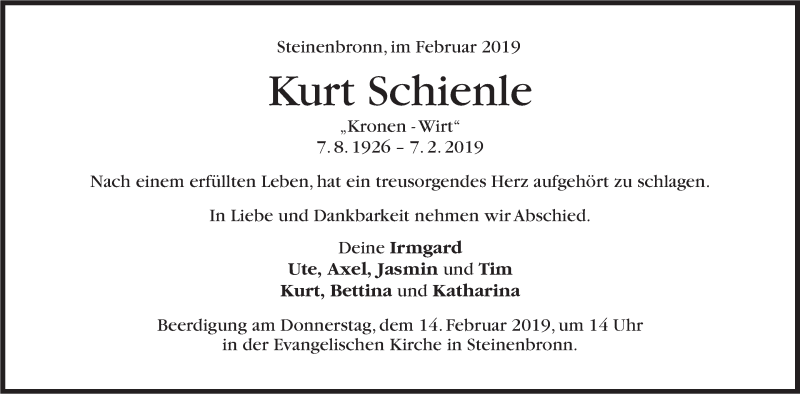  Traueranzeige für Kurt Schienle vom 12.02.2019 aus Stuttgarter Zeitung / Stuttgarter Nachrichten