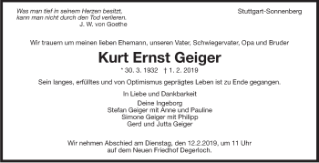 Traueranzeige von Kurt Ernst Geiger von Stuttgarter Zeitung / Stuttgarter Nachrichten