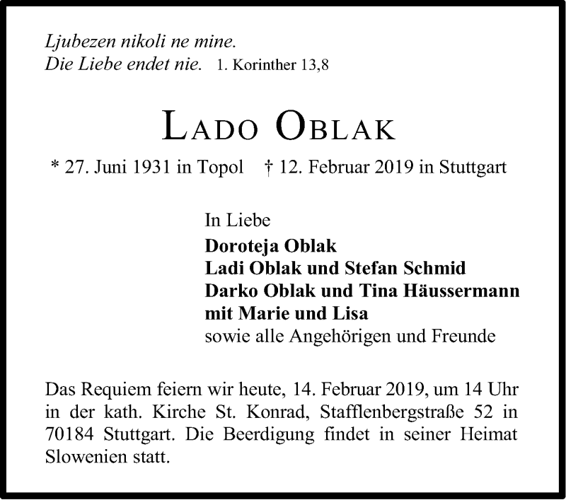  Traueranzeige für Lado Oblak vom 14.02.2019 aus Stuttgarter Zeitung / Stuttgarter Nachrichten