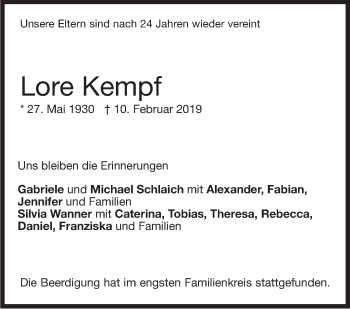 Traueranzeige von Lore Kempf von Stuttgarter Zeitung / Stuttgarter Nachrichten