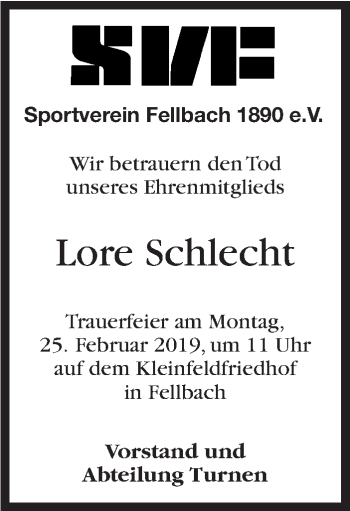 Traueranzeige von Lore Schlecht von Stuttgarter Zeitung / Stuttgarter Nachrichten