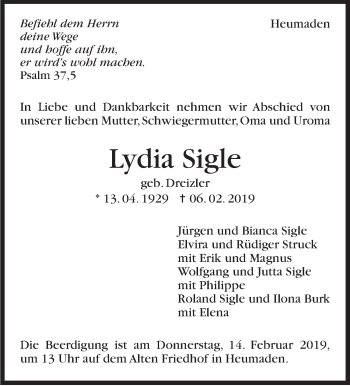 Traueranzeige von Lydia Sigle von Stuttgarter Zeitung / Stuttgarter Nachrichten