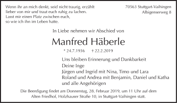 Traueranzeige von Manfred Häberle von Stuttgarter Zeitung / Stuttgarter Nachrichten