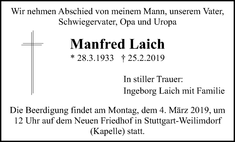  Traueranzeige für Manfred Laich vom 28.02.2019 aus Stuttgarter Zeitung / Stuttgarter Nachrichten