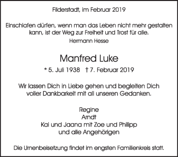 Traueranzeige von Manfred Luke von Stuttgarter Zeitung / Stuttgarter Nachrichten