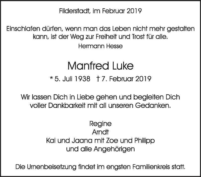  Traueranzeige für Manfred Luke vom 20.02.2019 aus Stuttgarter Zeitung / Stuttgarter Nachrichten