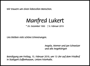 Traueranzeige von Manfred Lukert von Stuttgarter Zeitung / Stuttgarter Nachrichten