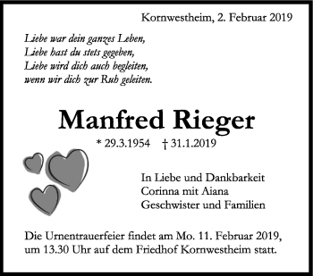 Traueranzeige von Manfred Rieger von Stuttgarter Zeitung / Stuttgarter Nachrichten