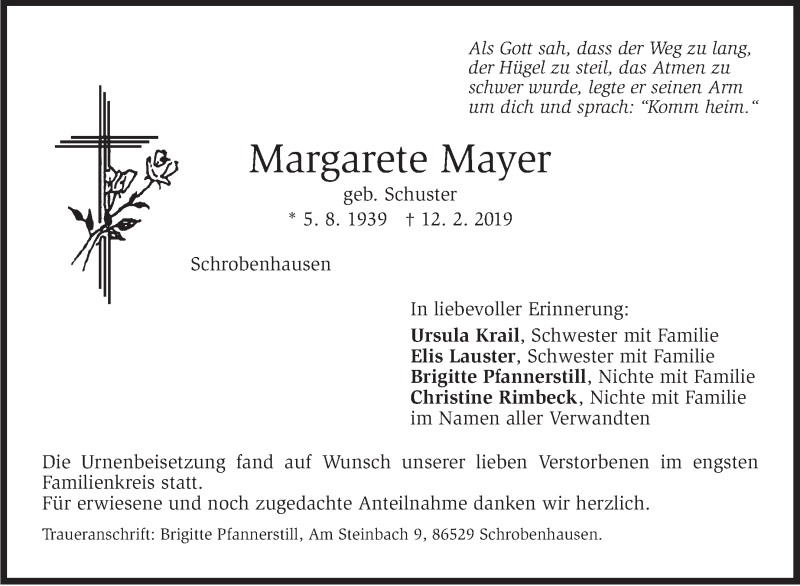  Traueranzeige für Margarete Mayer vom 22.02.2019 aus Stuttgarter Zeitung / Stuttgarter Nachrichten