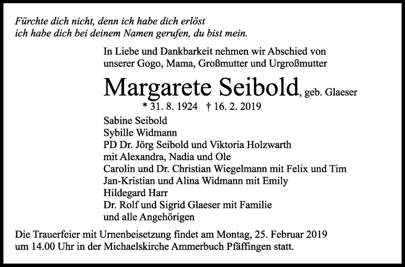  Traueranzeige für Margarete Seibold vom 20.02.2019 aus Stuttgarter Zeitung / Stuttgarter Nachrichten