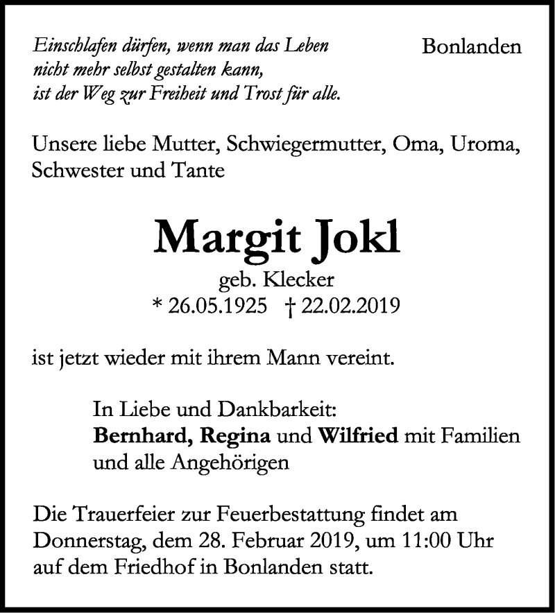  Traueranzeige für Margit Jokl vom 27.02.2019 aus Stuttgarter Zeitung / Stuttgarter Nachrichten