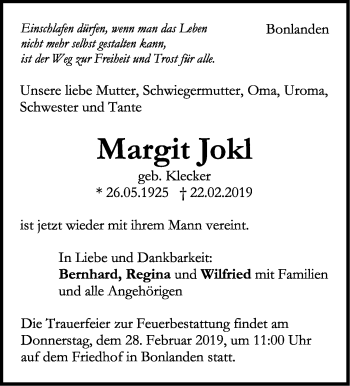 Traueranzeige von Margit Jokl von Stuttgarter Zeitung / Stuttgarter Nachrichten