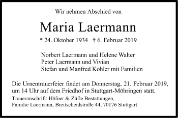 Traueranzeige von Maria Laermann von Stuttgarter Zeitung / Stuttgarter Nachrichten