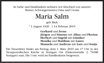 Traueranzeige von Maria Salm von Stuttgarter Zeitung / Stuttgarter Nachrichten