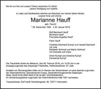 Traueranzeige von Marianne Hauff von Stuttgarter Zeitung / Stuttgarter Nachrichten