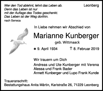 Traueranzeige von Marianne Kunberger von Stuttgarter Zeitung / Stuttgarter Nachrichten