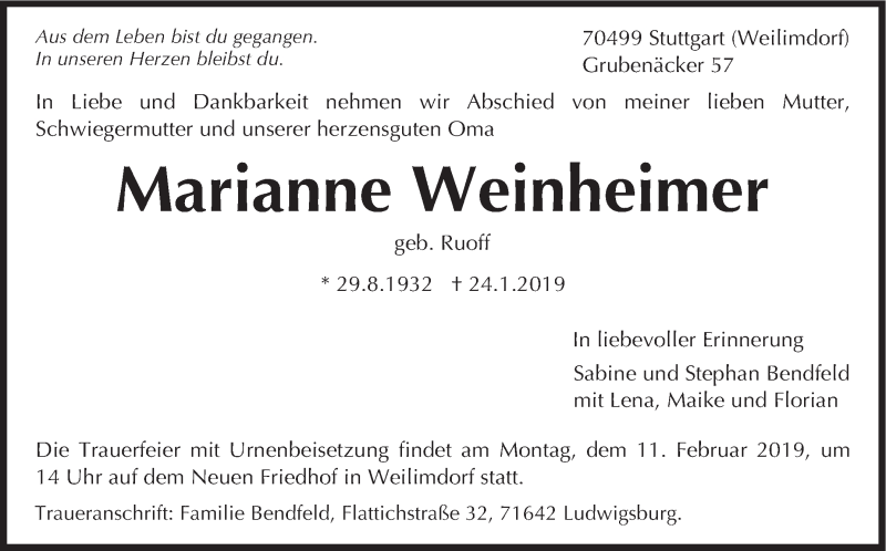  Traueranzeige für Marianne Weinheimer vom 04.02.2019 aus Stuttgarter Zeitung / Stuttgarter Nachrichten