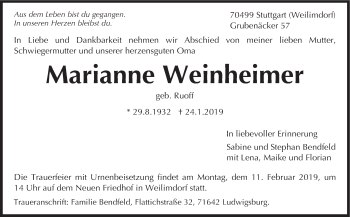 Traueranzeige von Marianne Weinheimer von Stuttgarter Zeitung / Stuttgarter Nachrichten