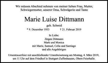 Traueranzeige von Marie Luise Dittmann von Stuttgarter Zeitung / Stuttgarter Nachrichten