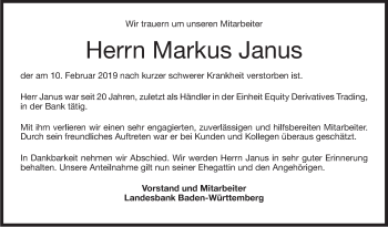 Traueranzeige von Markus Janus von Stuttgarter Zeitung / Stuttgarter Nachrichten
