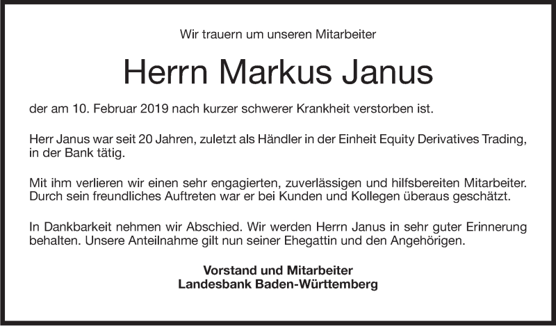  Traueranzeige für Markus Janus vom 16.02.2019 aus Stuttgarter Zeitung / Stuttgarter Nachrichten