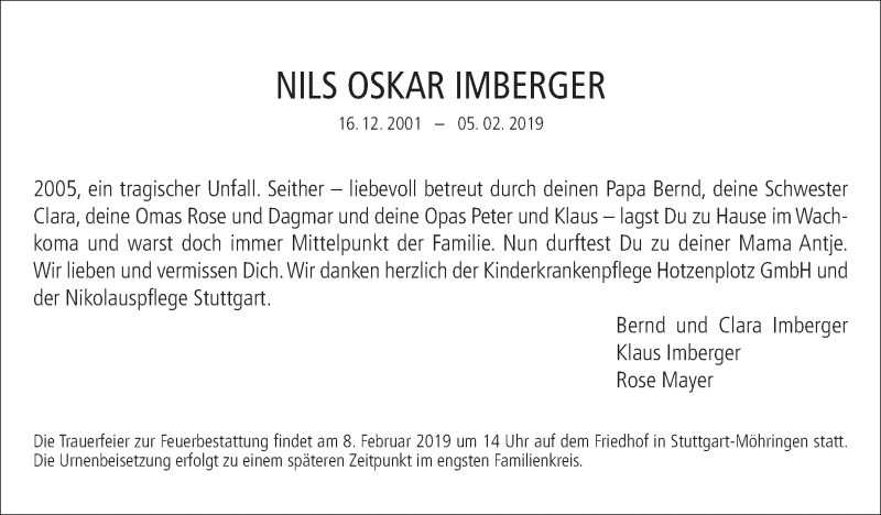  Traueranzeige für Nils Oskar Imberger vom 07.02.2019 aus Stuttgarter Zeitung / Stuttgarter Nachrichten