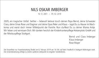 Traueranzeige von Nils Oskar Imberger von Stuttgarter Zeitung / Stuttgarter Nachrichten